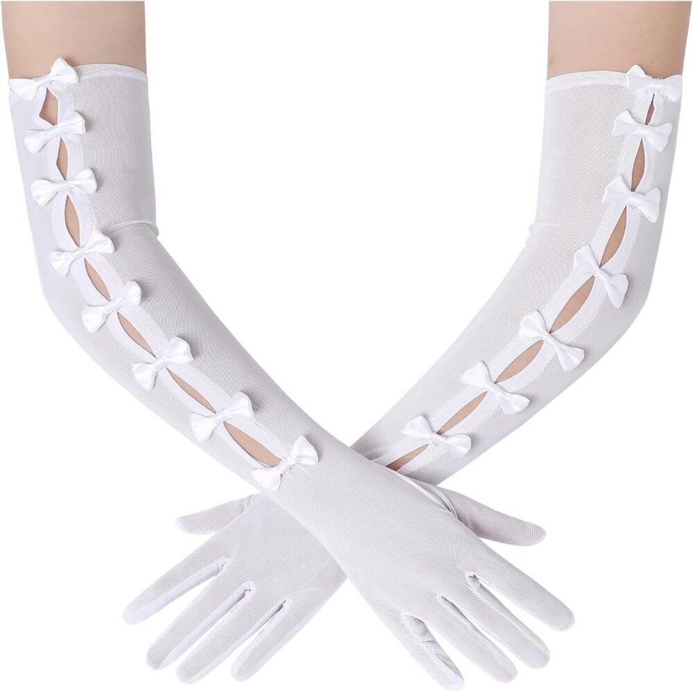 Women's Princess White Long Sleeves Gloves Bow Lace Mesh Tulle Party Prom